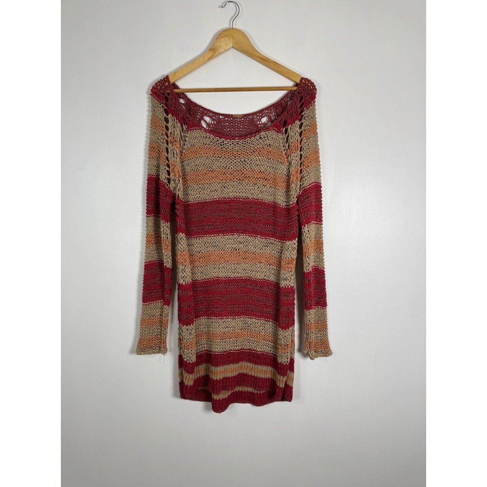 Free People Womens L/XL Tunic Sweater Burgundy Striped Open Knit Crochet Boho